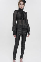 Black Long Sleeve Ruffles On Chest Shoulder Back Tie Detail See-Through Pattern Material Stand Collar Women's Gothic Shirt - Product - 9