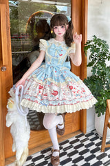Blue [Sweet Bunny Party] Square Collar Sleeveless Printed Ruffled Bow Sweet Lolita Jsk Dress Set - Blue(Short-Sleeves-Set) - 1