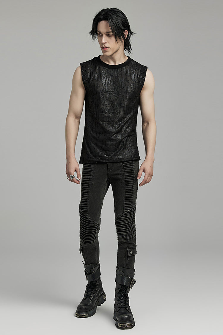 Black Round Collar Sleeveless Print Ripped Distressed Eyelet Men's Gothic Tank Top - Product - 4
