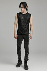 Black Round Collar Sleeveless Print Ripped Distressed Eyelet Men's Gothic Tank Top - Product - 4