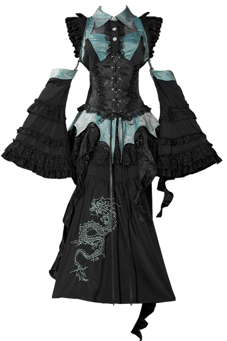 [Sky Dragon] Round Collar Printed Embroidered Lace-Up Gothic Chinese Style Lolita Skirt Set 2 Colors - Product - 3