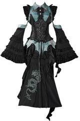 [Sky Dragon] Round Collar Printed Embroidered Lace-Up Gothic Chinese Style Lolita Skirt Set 2 Colors - Product - 3