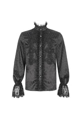 Black Stand Collar Puff Sleeved Lace Splice Men's Gothic Shirt - Product - 7