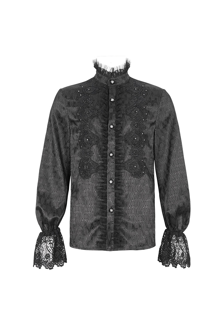 Black Stand Collar Puff Sleeved Lace Splice Men's Gothic Shirt - Product - 7