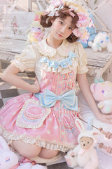 Pink Cake Chocolate Dessert Print Ruffle Bowknot Sweet Lolita Strap Dress - Product - 11