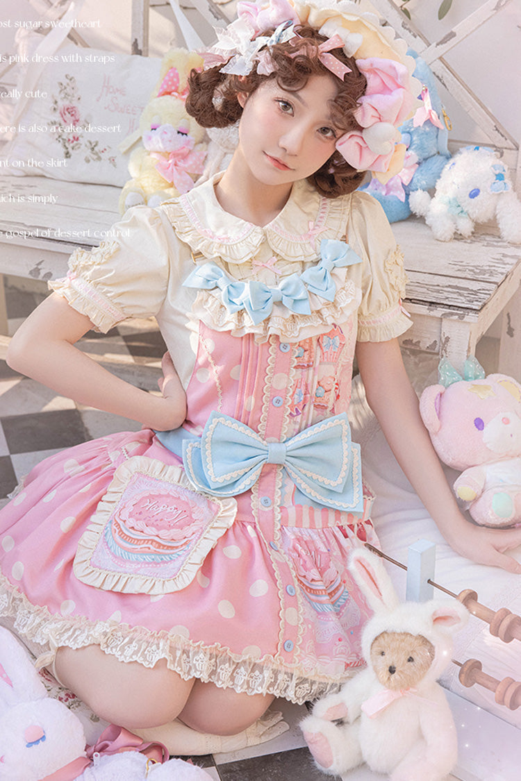 Pink Cake Chocolate Dessert Print Ruffle Bowknot Sweet Lolita Strap Dress - Product - 11