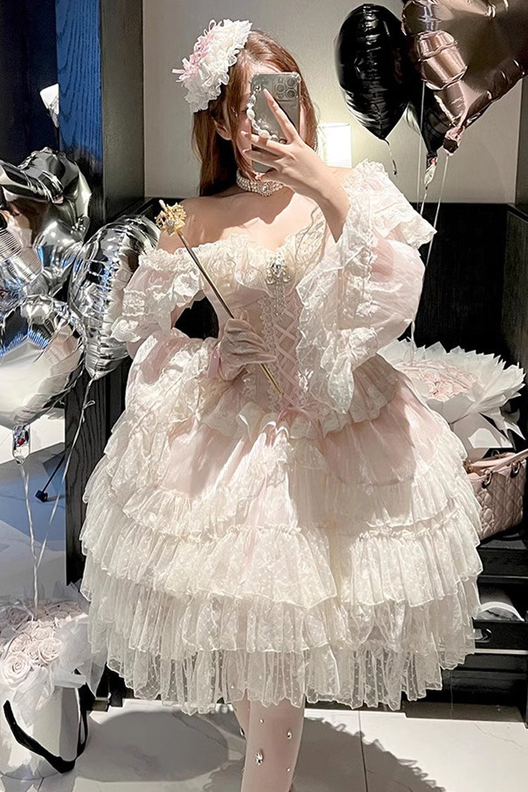 Princess Off Shoulder Multi-Layered Ruffle Bowknot Lace Sweet Elegant Lolita Strapless Dress - Product - 7