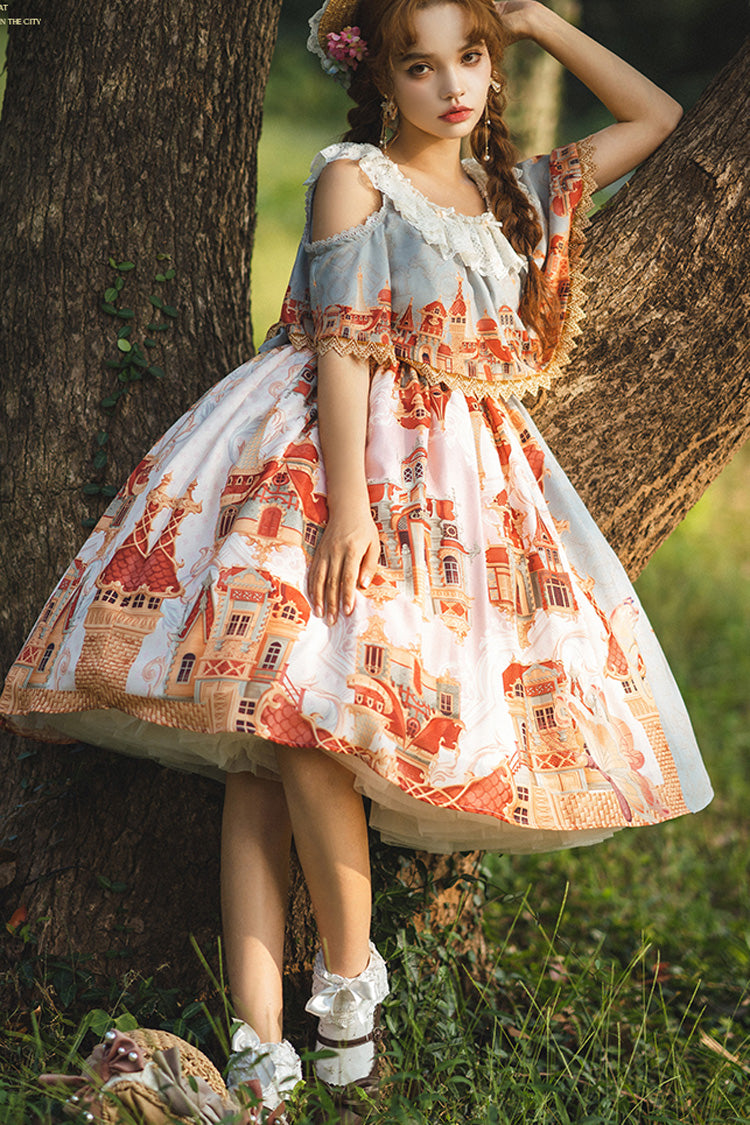 Multi-Color European Architectural Oil Painting Print Off Shoulder Short Sleeves Bowknot Sweet Lolita Dress - Product - 6