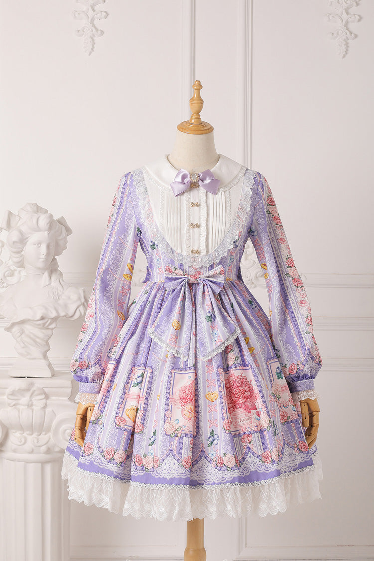 Blueberry Berries Print Long Sleeves Bowknot Sweet Princess Lolita Dress 4 Colors - Purple - 7
