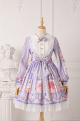Blueberry Berries Print Long Sleeves Bowknot Sweet Princess Lolita Dress 4 Colors - Purple - 7