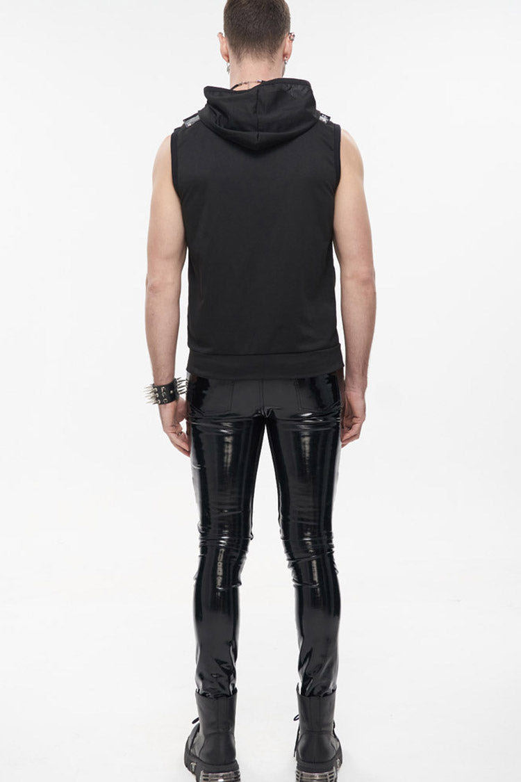 Black Punk Metal Skull Patent Leather Bullet Clip Textured Zip Hooded Sleeveless Men's T-Shirt - Product - 3