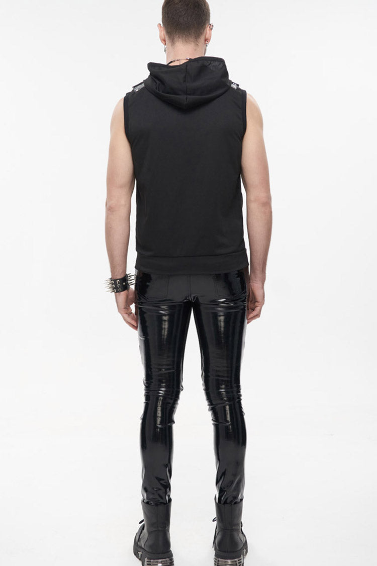 Black Punk Metal Skull Patent Leather Bullet Clip Textured Zip Hooded Sleeveless Men's T-Shirt - Product - 3