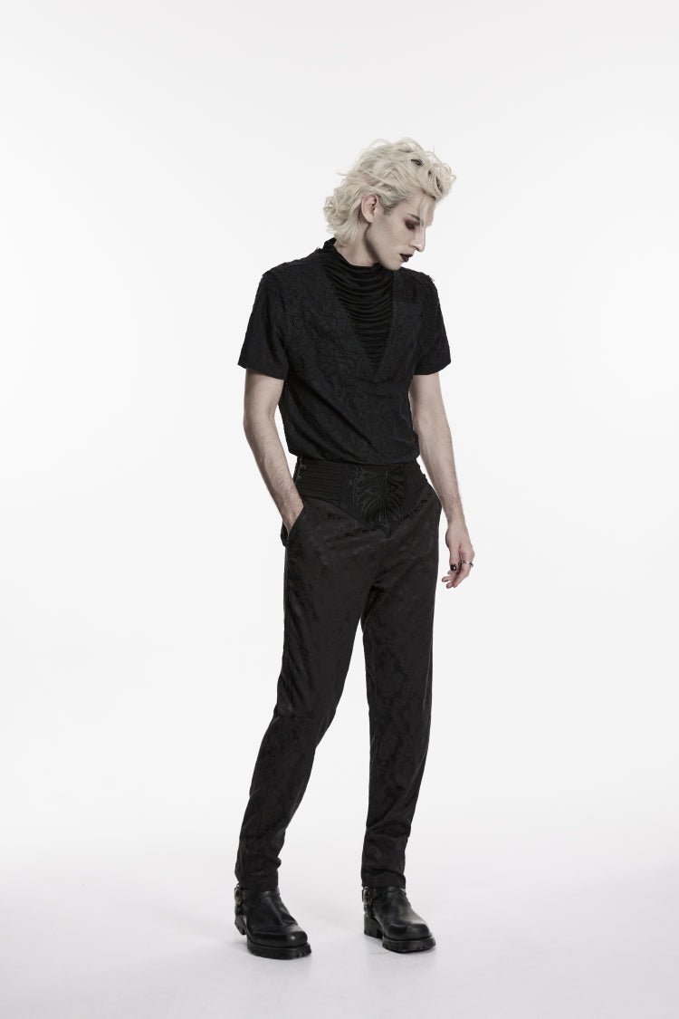 Black Embroidered Slim Pleated Men's Gothic Pants - Product - 3