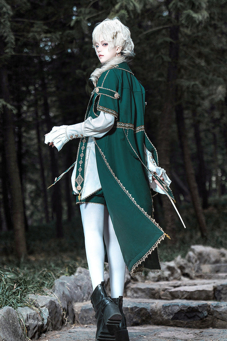 Green [Theocratic Messenger] Embroidery Classic Military Gorgeous Handsome Ouji Lolita Coat Blouse Shorts Set - Product - 3