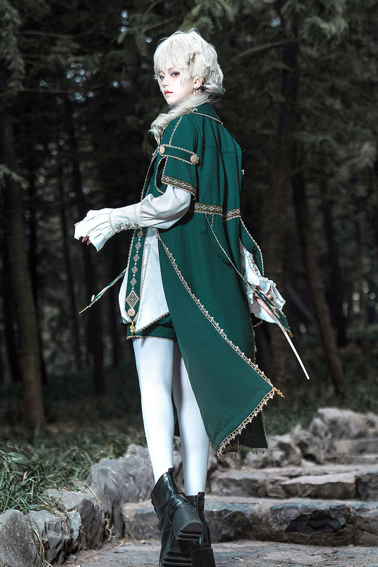 Green [Theocratic Messenger] Embroidery Classic Military Gorgeous Handsome Ouji Lolita Coat Blouse Shorts Set - Product - 3