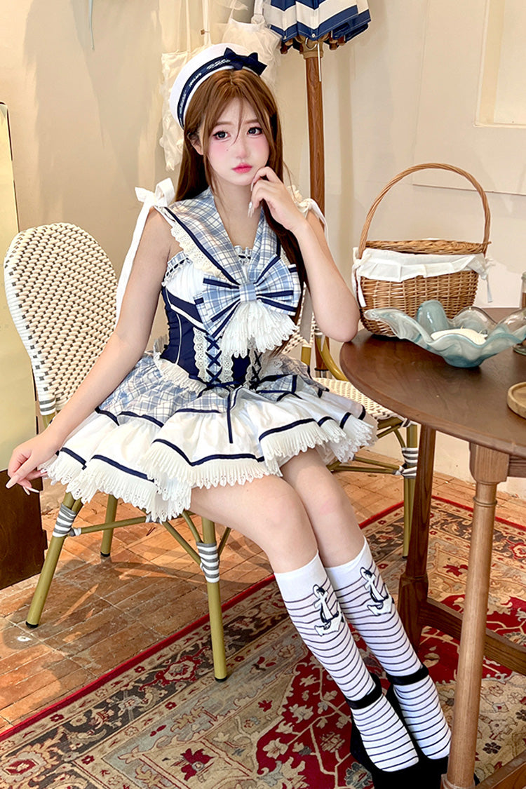 Blue/White [Sailing Love] Navy Collar Sleeveless Plaid Print Ruffle Bowknot Sweet Lolita Dress - Product - 6