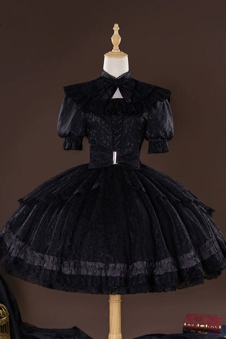 Black Identity V Gardener Inspired Short Sleeves Jacquard Bow Lace-Up Gothic Lolita Dress Set - Black(Set) - 1