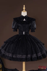 Black Identity V Gardener Inspired Short Sleeves Jacquard Bow Lace-Up Gothic Lolita Dress Set - Black(Set) - 1