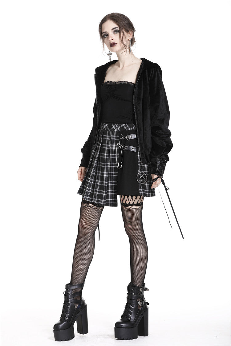 Black/White Irregular Plaid Pleated Women's Punk Hem Skirt - Product - 6