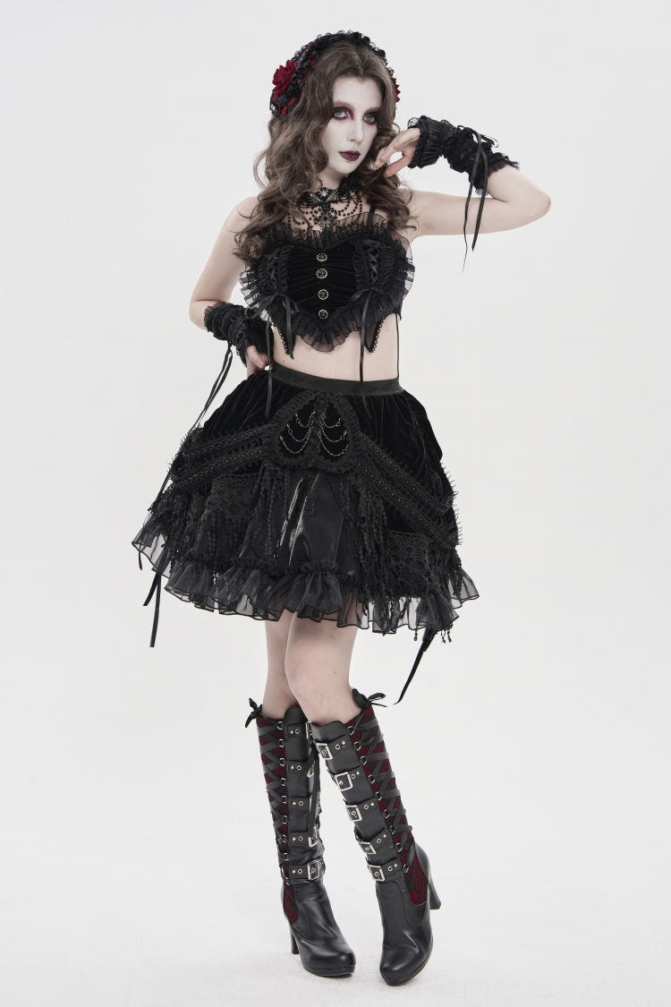 Black Off Shoulder Bow Lace Lace-Up Women's Gothic Ruffled Corset - Product - 6