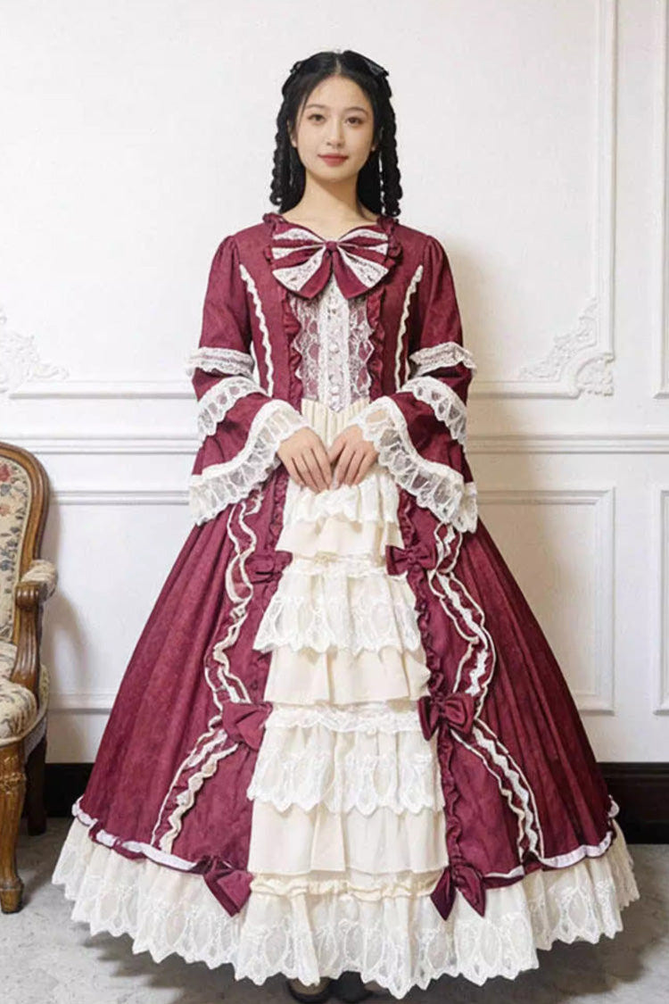 Sweet Plus Size Long Sleeves Triple-Layered Ruffled Open-Front Bow Lace Princess Lolita Victorian Dress - Red/White - 4