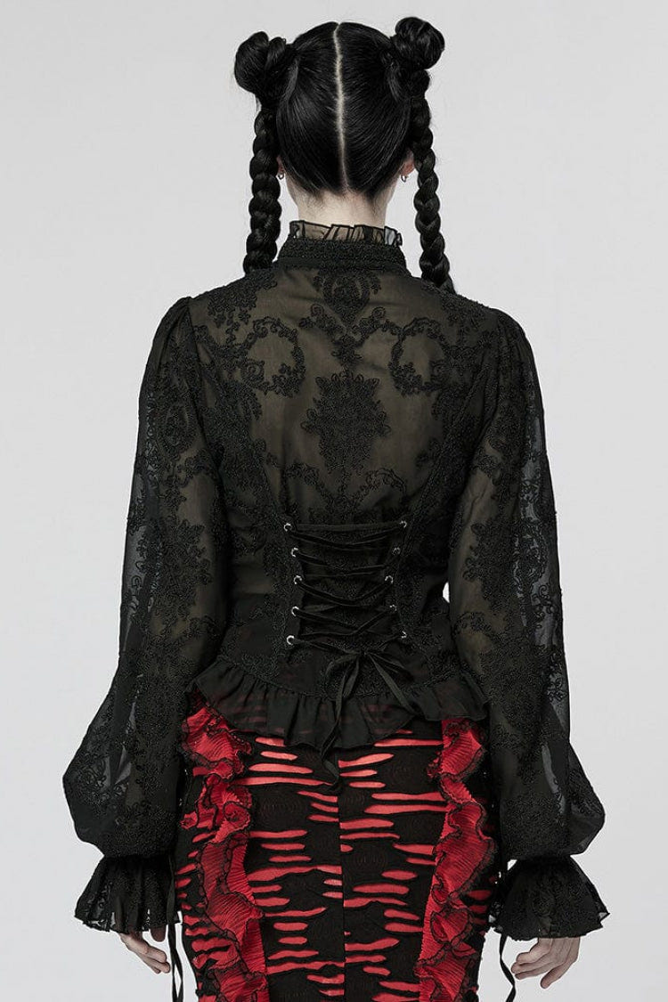 Stand Collar Long Puff Sleeves Embroidery Womens Gothic Blouse 2 Colors - Product - 4