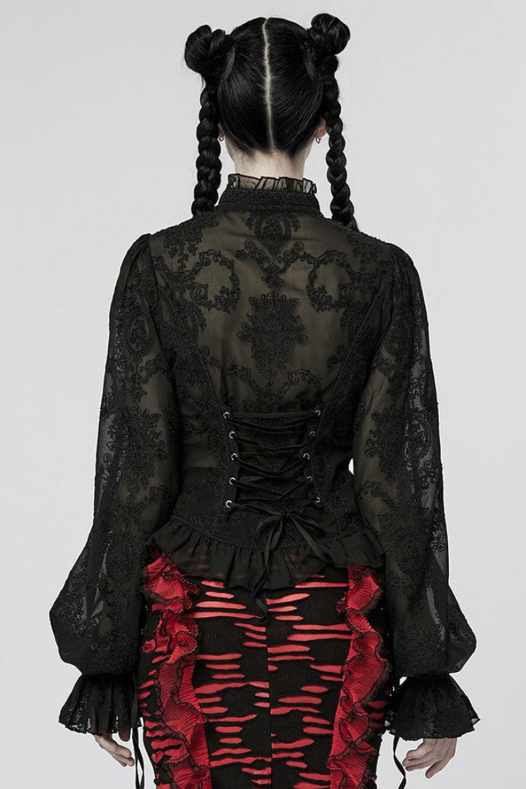 Stand Collar Long Puff Sleeves Embroidery Womens Gothic Blouse 2 Colors - Product - 4