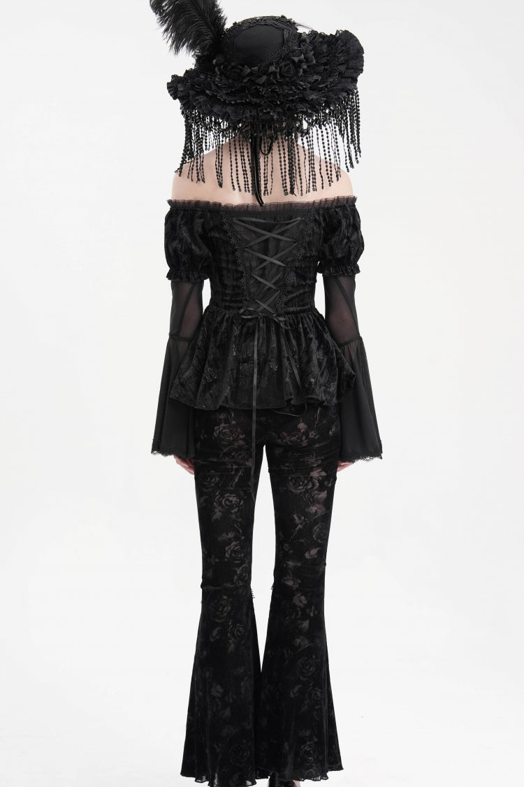 Black Halterneck Long Sleeves Hollow Lace-Up Mesh Women's Gothic Blouse - Product - 10
