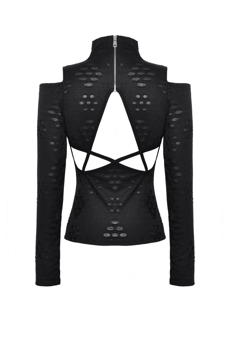 Black Long Sleeves Cut-Out Ripped Zippered Eyelets Women's Punk Distressed Top - Product - 12