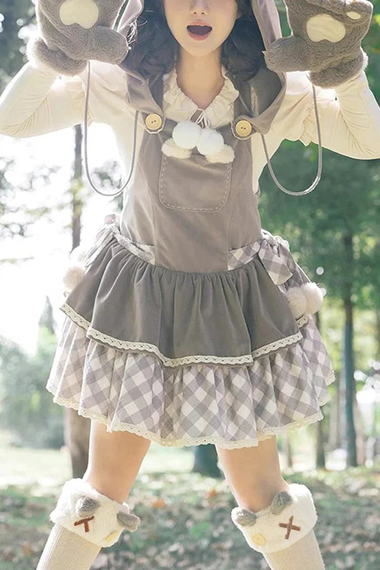 Grey Cute Grizzly Bear Plaid Print Bowknot Sweet Lolita Jsk Dress - Grey - 1