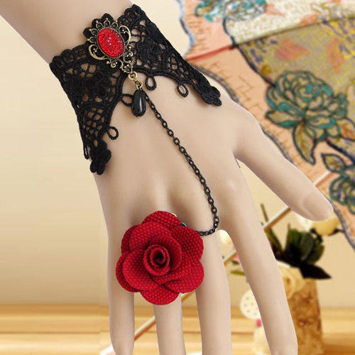 Red Vintage Rose Black Lace Pearl Band Ring Gothic Lolita Bracelet - Product - 1