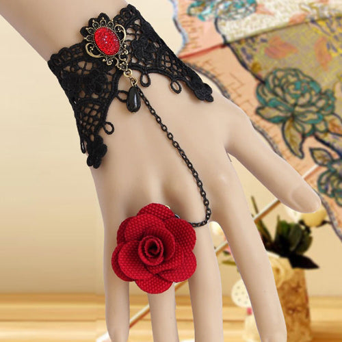 Red Vintage Rose Black Lace Pearl Band Ring Gothic Lolita Bracelet - Product - 1