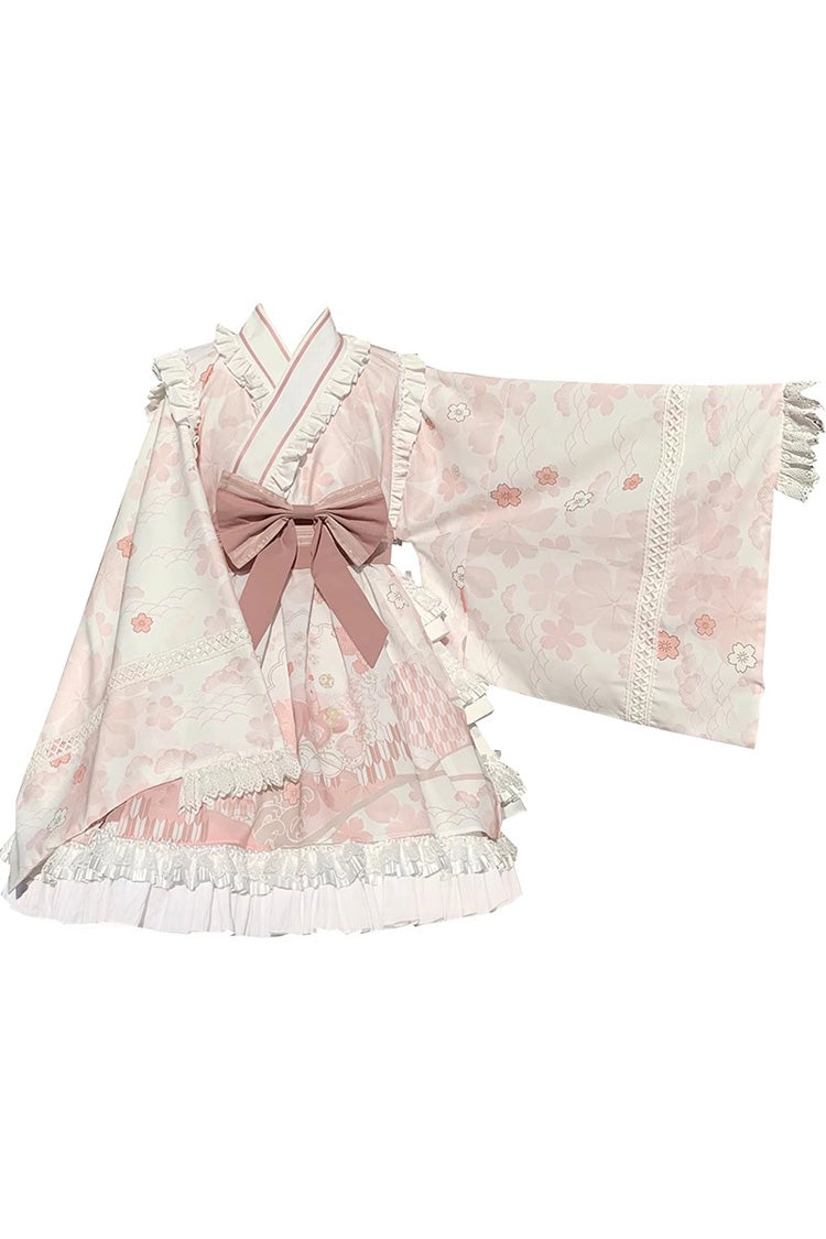 Apricot Long Trumpet Sleeves Cherry Blossom Print Ruffle Sweet Japanese Lolita Dress - Product - 7