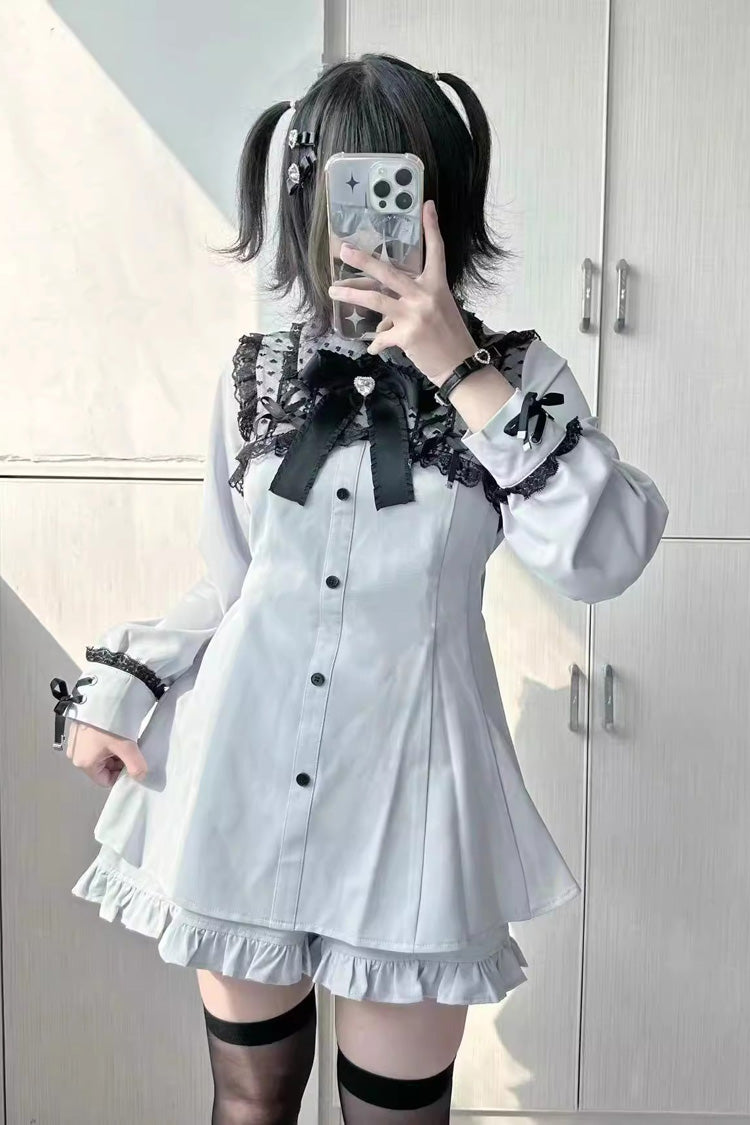 Heart Shape Print Bowknot Lace Sweet Jirai Kei Dress 2 Colors - Blue/Green - 4
