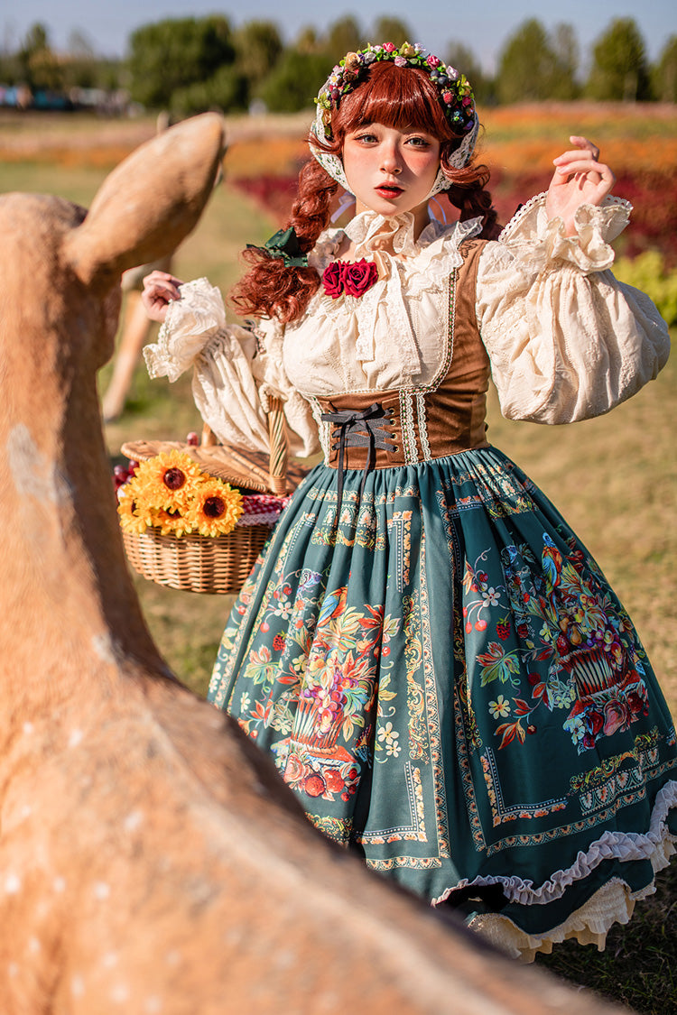Green [Ode to Plenty] Berries and Birds Print Ruffle Bowknot Velvet Classic Lolita Breast Support Jsk Dress - Product - 13