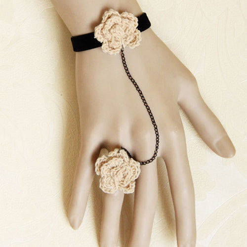 Retro Fashion Simple White Wool Flower Female Black Velvet Lolita Ring Bracelet - Black - 1