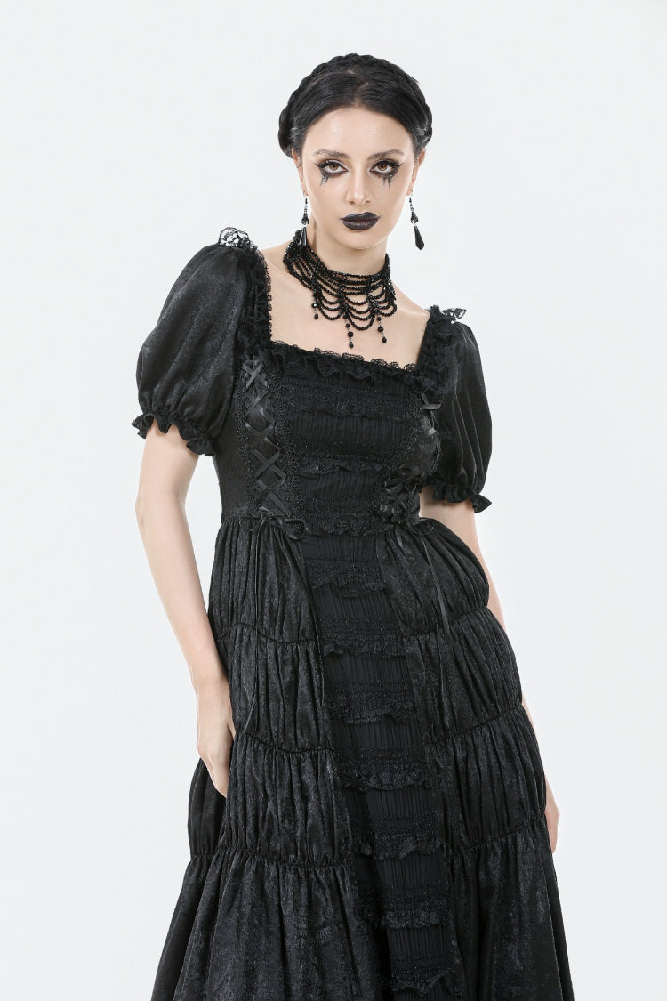 Black Lace Square Collar Short Puff Sleeves Lace-Up Ruched Women's Gothic Wedding Dress - Product - 5