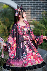 Black/Red [Cherry Blossom Cat Islet] Sleeveless Printed Ruffled Bow Sweet Lolita Jsk Dress Set - Product - 4