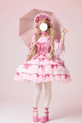 Pink Velvet Cake Long Trumpet Sleeves Multi-Layered Ruffle Bowknot Lace Sweet (Set) front view