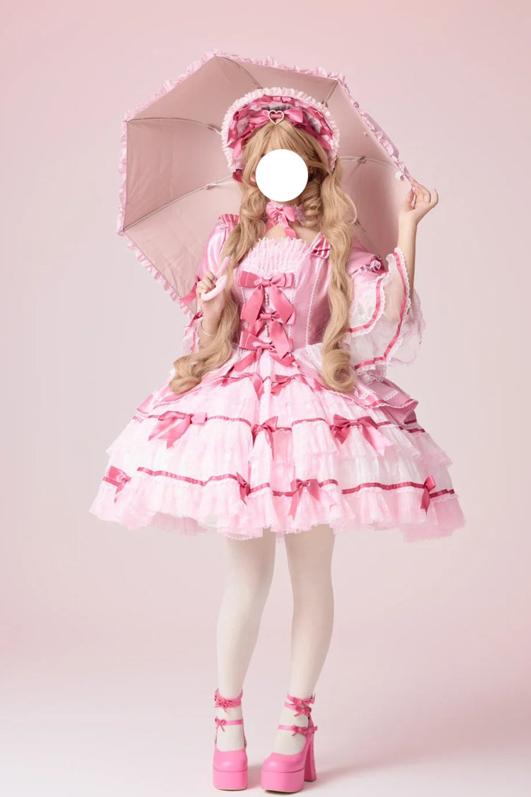 Pink [Velvet Cake] Long Trumpet Sleeves Multi-Layered Ruffle Bowknot Lace Sweet Lolita Dress - Pink - 1