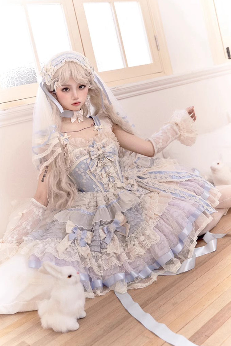Blue [Moonstone] Sleeveless Ruffle Embroidery Bowknot Lace Fishbone Sweet Princess Lolita Dress - Product - 7
