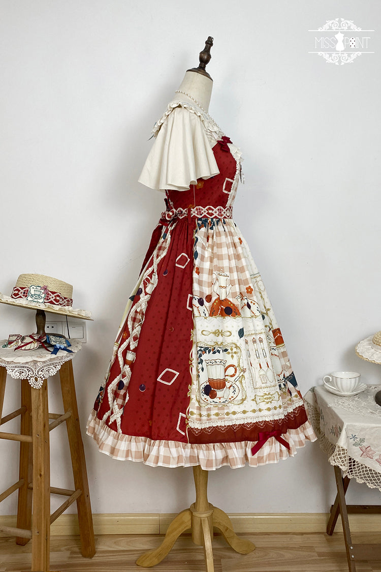 Red [Tea Party] Print Ruffle Bowknot Lace Sweet Elegant Lolita Jsk Dress - Product - 11