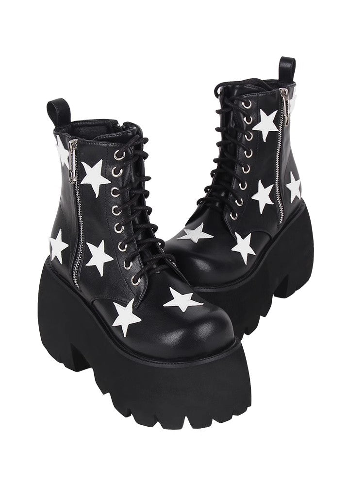 Black Five-pointed Star Print Zipper Punk Lolita Ankle Boots - Product - 2