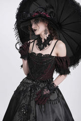 Black Off Shoulder Short Sleeves Jacquard Cardigan Stitching Lace Women's Gothic Dress - Product - 12