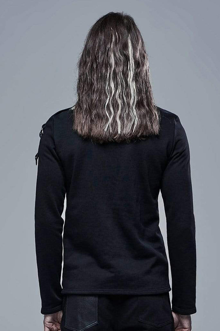 Black Long Sleeve Knit Front Splice Imitation Leather Lace Up Men's Punk T-Shirt - Product - 3