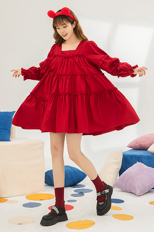 Red Square Neck Ruffled Long Sleeves Oversized High Waisted Sweet Lolita OP Dress - Product - 2
