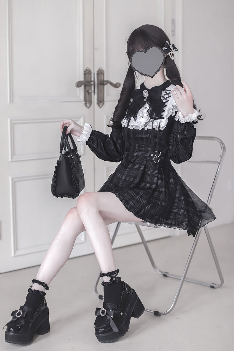 Black [Angel Heartbeat] Long Sleeves Plaid Print Ruffle Bowknot Lace Sweet Jirai Kei Japanese Dress - Product - 5