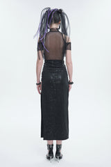 Black Off The Shoulder Irregular Knit Paneled Mesh Side Slit Women's Punk Dress - Product - 7