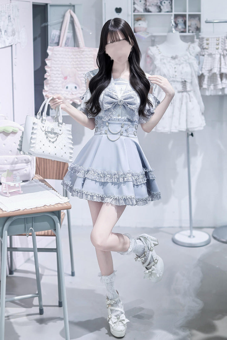 Aqua [Apprentice Witch] Off Shoulder Navy Collar Short Sleeves Ruffled Bow Lace Pearl Detail Classic Jirai Kei Japanese Skirt Set - Product - 6
