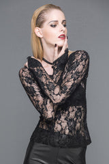 Black Sexy Hollow Out Rose Flocking Big Round Collar Lace Womens Gothic T-Shirt - Product - 2